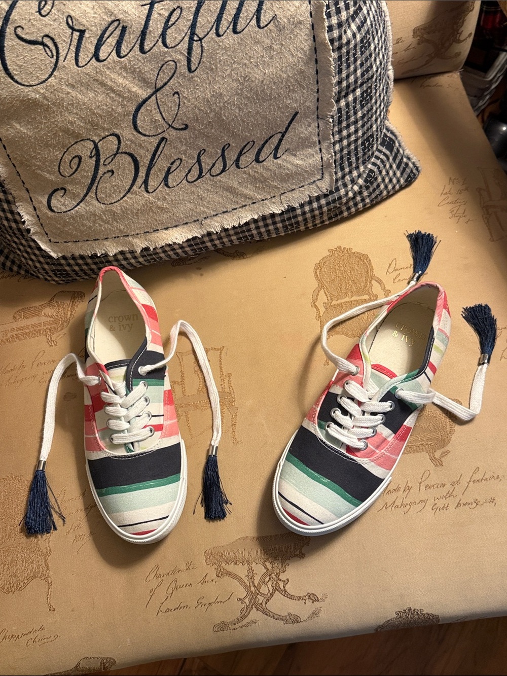 crown & ivy Multicolor Striped Canvas Sneakers with Tassel Laces
